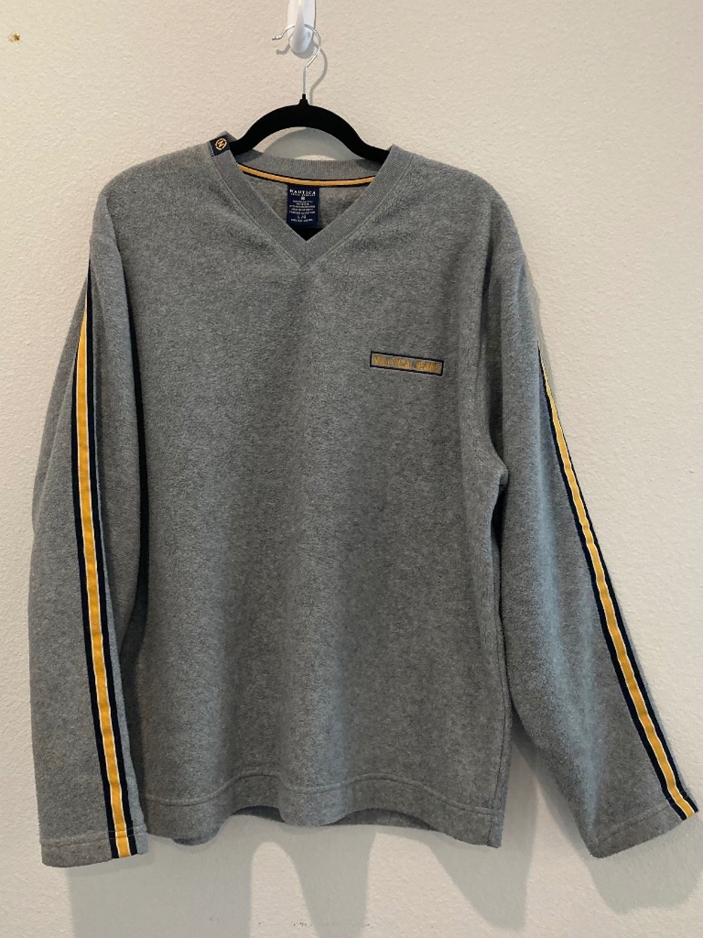 Vintage Nautica Jeans Co Men's Large Gray V-Neck Fleece Sleeve Stripe Pullover